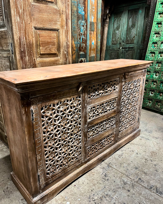 Sandwashed Carved Sideboard Buffet Storage Cabinet Lattice Carved Bar Credenza