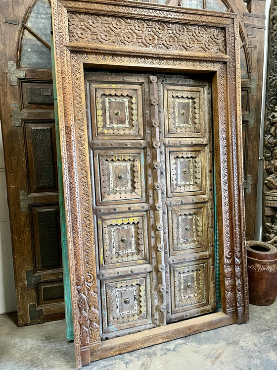 1800s Antique India Door Hand Carved Teak Wood Farmhouse Style