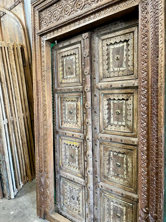 1800s Antique India Door Hand Carved Teak Wood Farmhouse Style