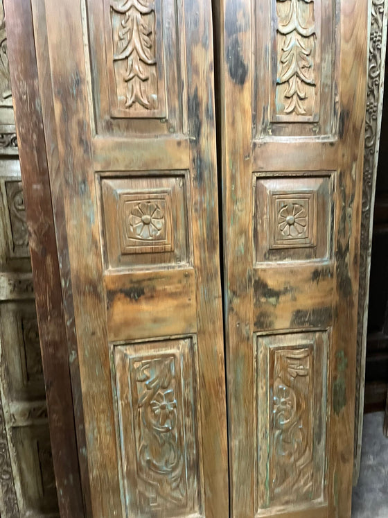 Antique Indo-Spanish Teak Carved Doors Closet Pantry, 80x30