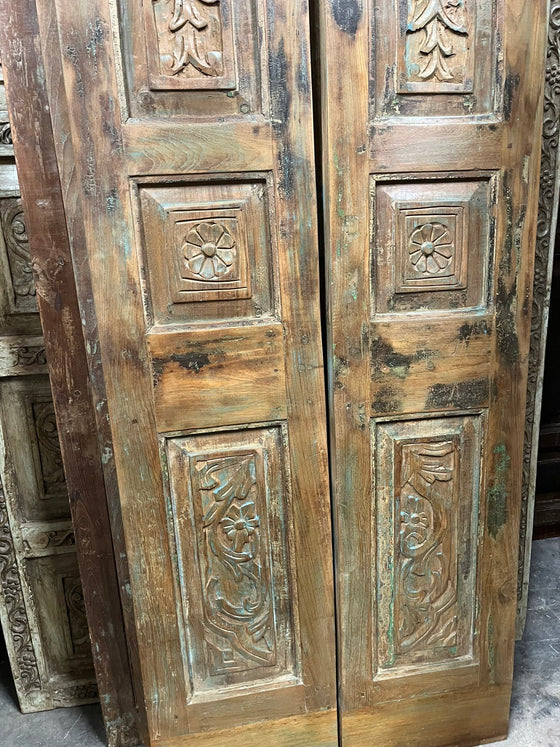 Antique Indo-Spanish Teak Carved Doors Closet Pantry, 80x30