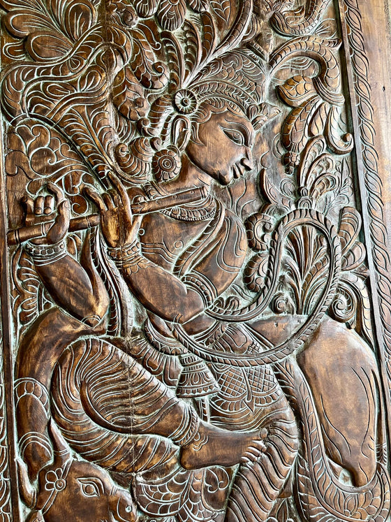 Antiqued Fluting Krishna Vintage Indian Door Wall Sculpture Art 84