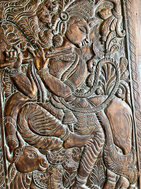 Antiqued Fluting Krishna Vintage Indian Door Wall Sculpture Art 84