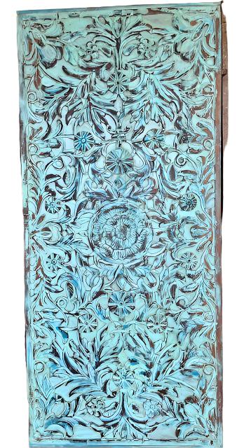 Blue Lotus Carved Wood Sliding Barndoor King Headboard Vintage 80