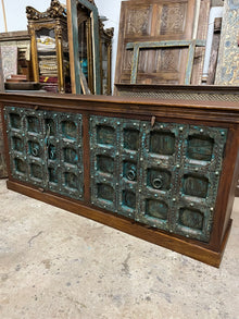  Antique Sideboard Blue Doors Handcarved Long Bar Credenza Rustic Buffet Chest 82