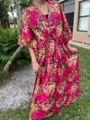 Womens Maxi Kaftan Dress, Cotton Caftan, Pink Boho Flowy Print Dresses L-3X