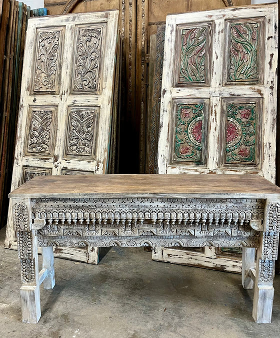 Rustic Carved Console Table TV Stand Vintage Washed Wood Entryway Table