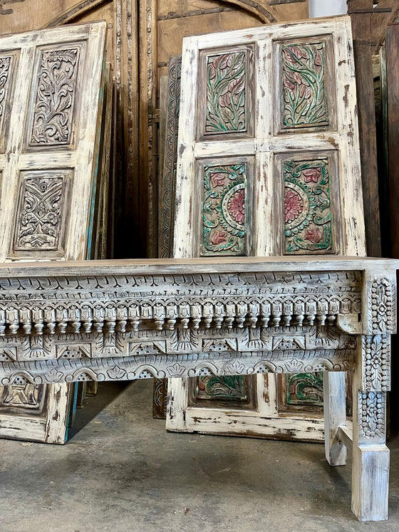 Rustic Carved Console Table TV Stand Vintage Washed Wood Entryway Table