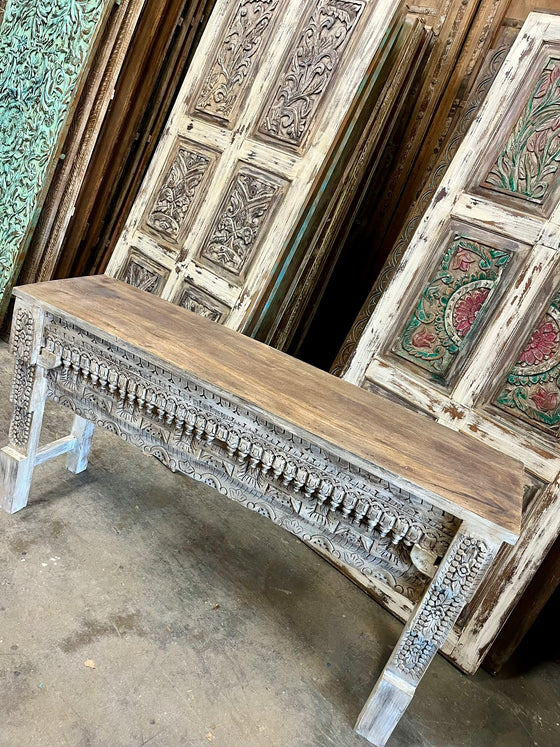 Rustic Carved Console Table TV Stand Vintage Washed Wood Entryway Table