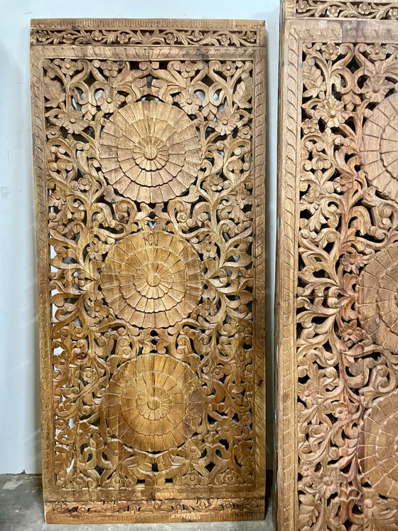 Triple Lotus Carved Lattice Wood Door Vintage Sliding Double Doors 80x36