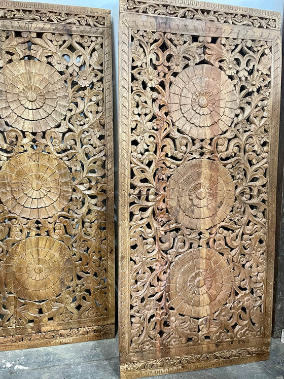 Triple Lotus Carved Lattice Wood Door Vintage Sliding Double Doors 80x36