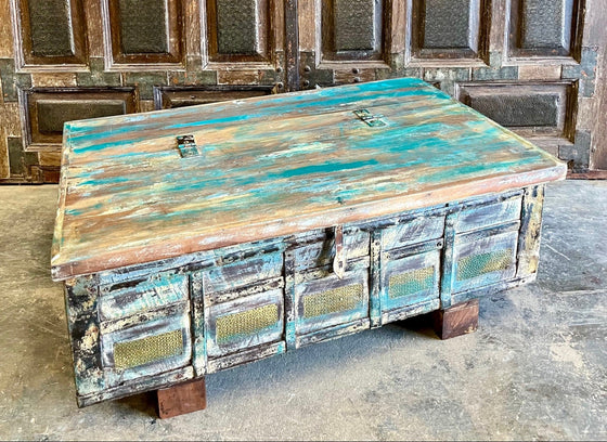 Rustic Vintage Chest Wedding Trunk with Blue Patina Coffee Table