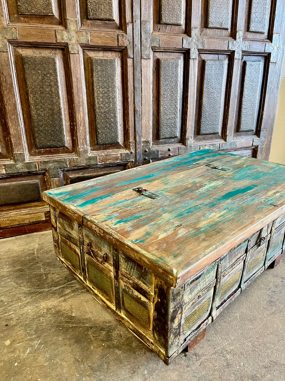 Rustic Vintage Chest Wedding Trunk with Blue Patina Coffee Table