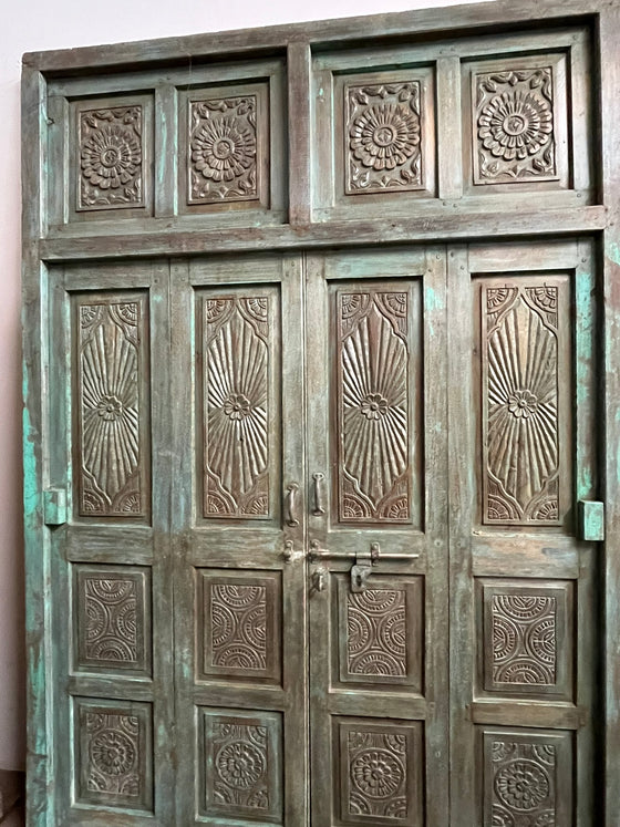 Antique Carved Door Green Patina Sunrays Carved Teak Double Doors 98x69