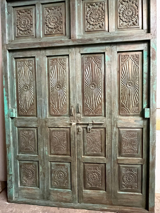 Antique Carved Door Green Patina Sunrays Carved Teak Double Doors 98x69