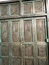 Antique Carved Door Green Patina Sunrays Carved Teak Double Doors 98x69