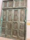 Antique Carved Door Green Patina Sunrays Carved Teak Double Doors 98x69