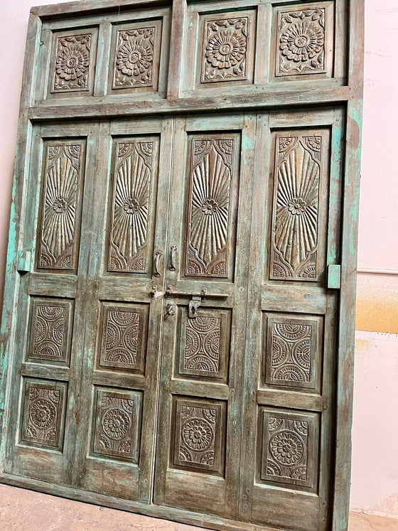 Antique Carved Door Green Patina Sunrays Carved Teak Double Doors 98x69