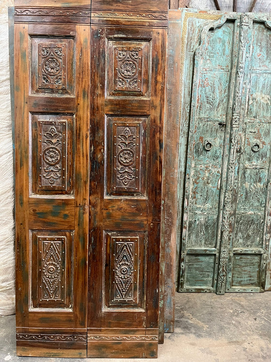 Antique Barn Doors Farmhouse Mid-Century Hand Carved Wood Door 80x33