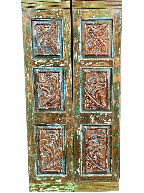 Antique Wooden Double Door Colorful Hues Carved Mexican Style Door 80