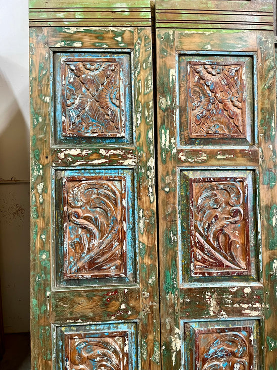 Antique Wooden Double Door Colorful Hues Carved Mexican Style Door 80