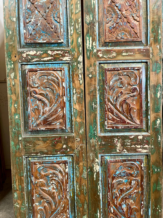 Antique Wooden Double Door Colorful Hues Carved Mexican Style Door 80