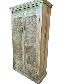  Antique Armoire Vintage Blue Floral Carved Brass studs Wardrobe Cabinet 72