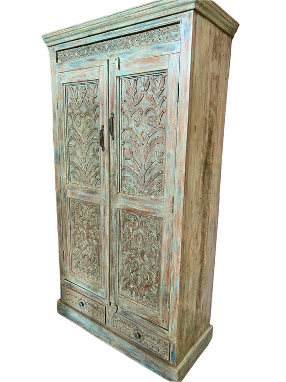 Antique Armoire Vintage Blue Floral Carved Brass studs Wardrobe Cabinet 72