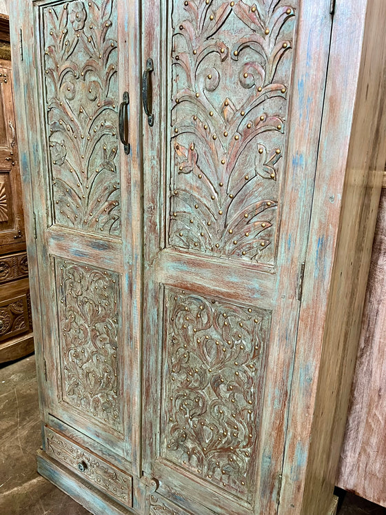 Antique Armoire Vintage Blue Floral Carved Brass studs Wardrobe Cabinet 72