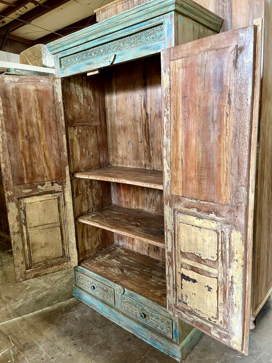 Antique Armoire Vintage Blue Floral Carved Brass studs Wardrobe Cabinet 72