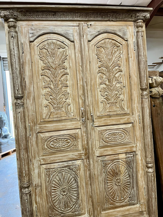 Antique Wardrobe Armoire Vintage Colonial Style Carved Whitewash Cabinet