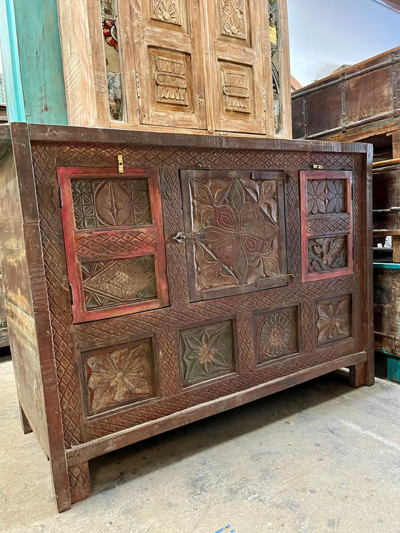 Antique Sideboard Carved Red Wood Chest Entryway Home Decor 64x24