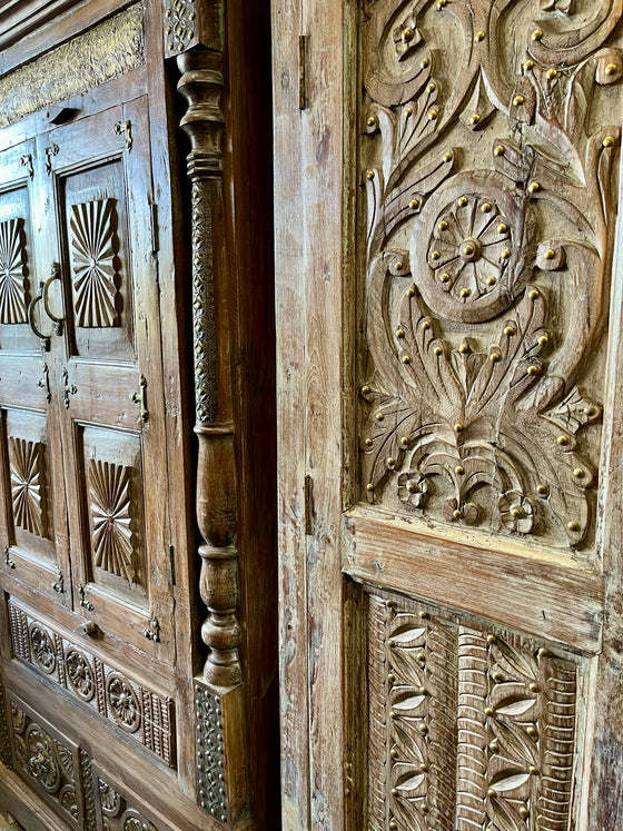 Antique Armoire Sand Wash Brass Accent Floral Carved Wardrobe Cabinet 72