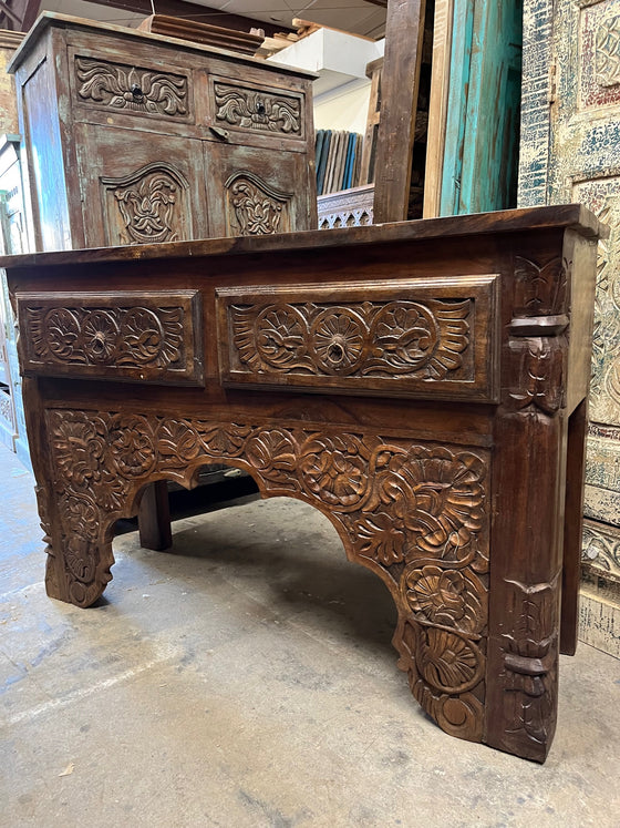 Dark Wood Carved Console Table Entryway Table & TV Stand with Drawer