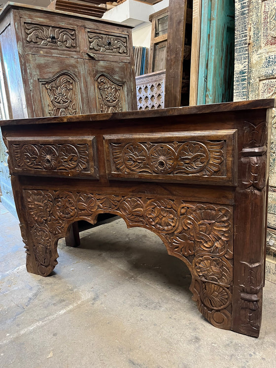 Dark Wood Carved Console Table Entryway Table & TV Stand with Drawer