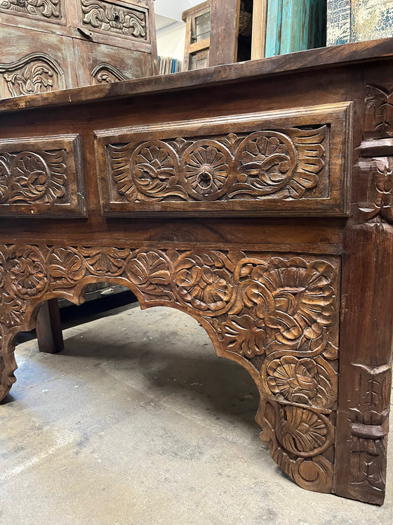 Dark Wood Carved Console Table Entryway Table & TV Stand with Drawer