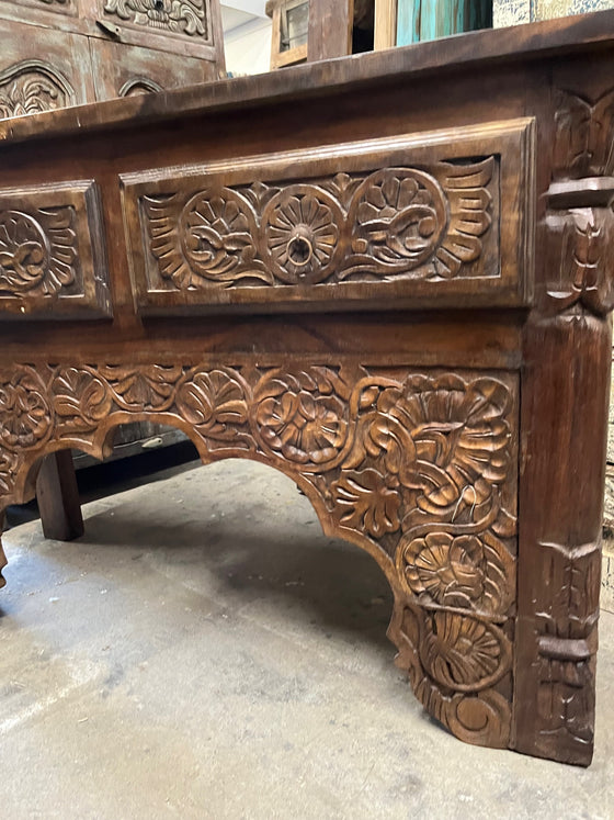 Dark Wood Carved Console Table Entryway Table & TV Stand with Drawer