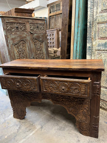  Dark Wood Carved Console Table Entryway Table & TV Stand with Drawer