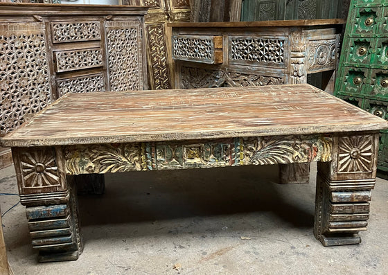 Vintage Coffee Table Hand Carved Whitewash Old Door Accent Table