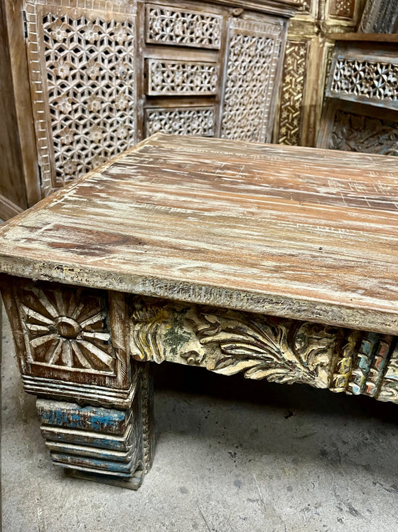 Vintage Coffee Table Hand Carved Whitewash Old Door Accent Table