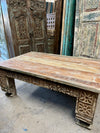 Hand-Carved Vintage Coffee Table Whitewashed Accent Chai Table