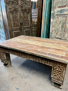  Hand-Carved Vintage Coffee Table Whitewashed Accent Chai Table