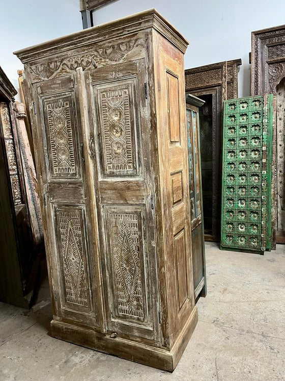 Antique Armoire Wardrobe Cabinet Floral Carved Natural Woods, 80