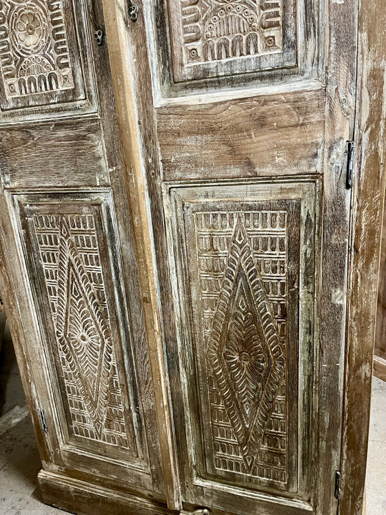 Antique Armoire Wardrobe Cabinet Floral Carved Natural Woods, 80