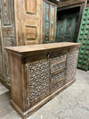 Sandwashed Carved Sideboard Buffet Storage Cabinet Lattice Carved Bar Credenza