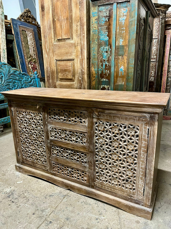 Sandwashed Carved Sideboard Buffet Storage Cabinet Lattice Carved Bar Credenza