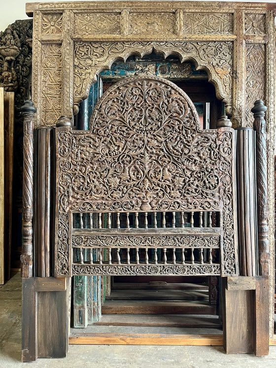 Antique Indian Carved King Headboard Intricate Floral Bed Headboard