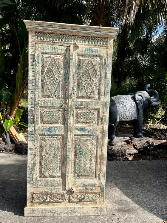 Antique Carved Armoire Crackled Beige Rustic Wardrobe Cabinet 81