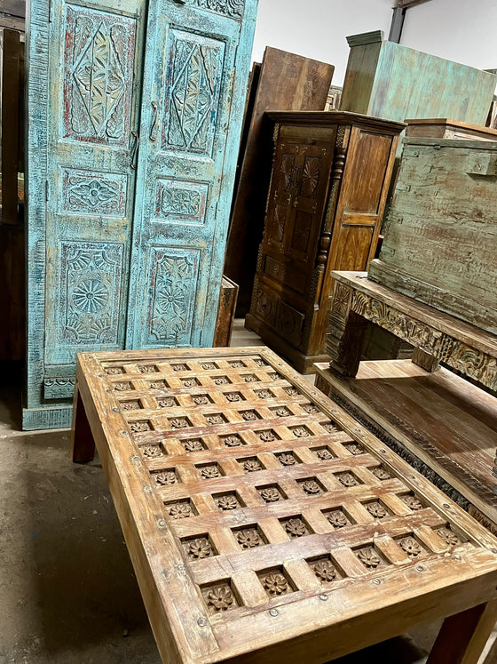 Antique Farmhouse Coffee Table Reclaimed Lotus Ceiling Chai Table 57x36