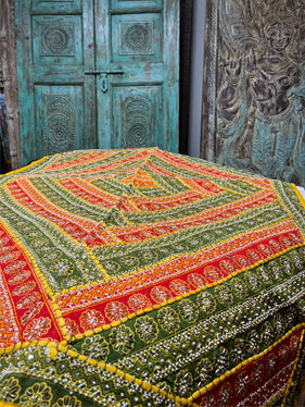 Earthy Tapestry Green Red Embroidered Bed Throw, Headboard Indian Tapestry